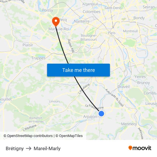 Brétigny to Mareil-Marly map