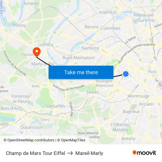 Champ de Mars Tour Eiffel to Mareil-Marly map