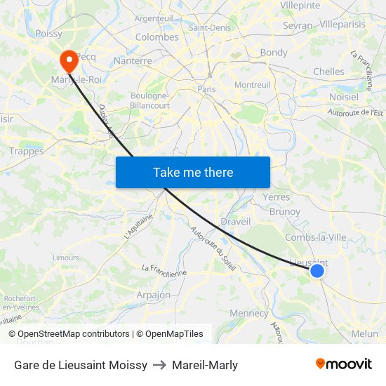 Gare de Lieusaint Moissy to Mareil-Marly map