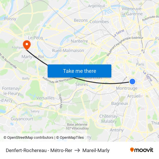 Denfert-Rochereau - Métro-Rer to Mareil-Marly map