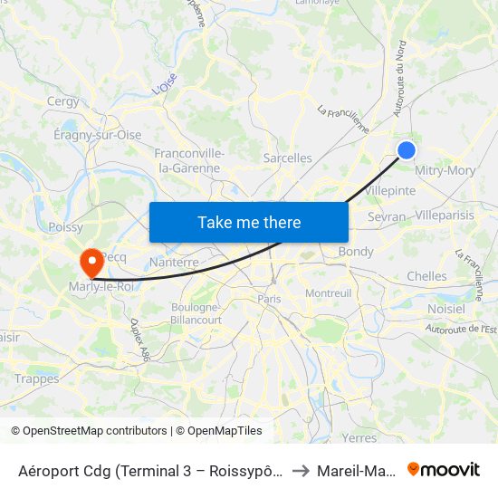 Aéroport Cdg (Terminal 3 – Roissypôle) to Mareil-Marly map