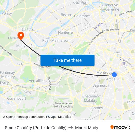 Stade Charléty (Porte de Gentilly) to Mareil-Marly map