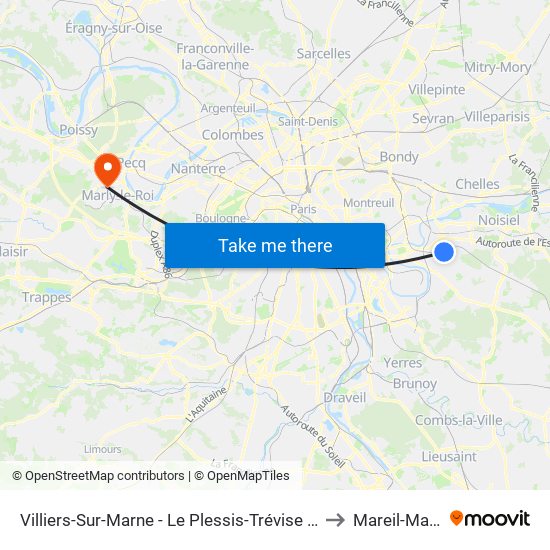 Villiers-Sur-Marne - Le Plessis-Trévise RER to Mareil-Marly map