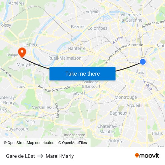 Gare de L'Est to Mareil-Marly map