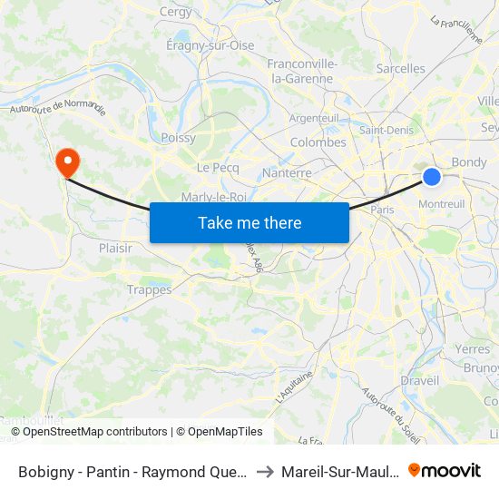 Bobigny - Pantin - Raymond Queneau to Mareil-Sur-Mauldre map