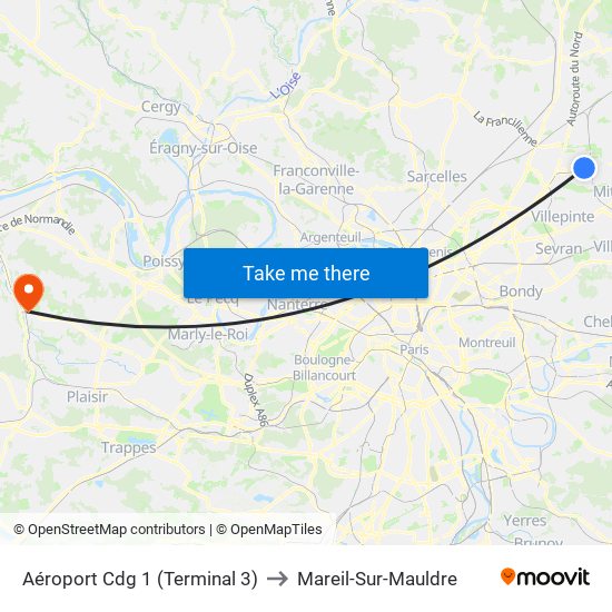 Aéroport Cdg 1 (Terminal 3) to Mareil-Sur-Mauldre map