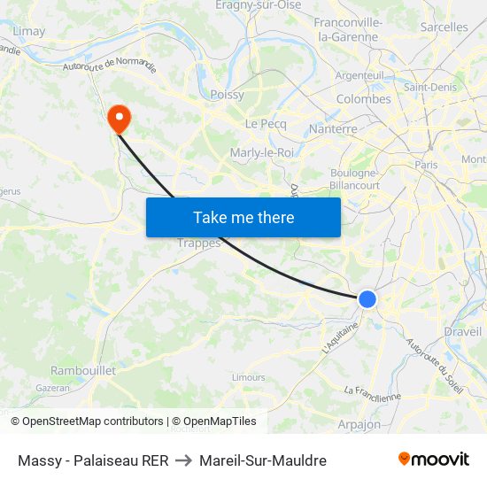 Massy - Palaiseau RER to Mareil-Sur-Mauldre map