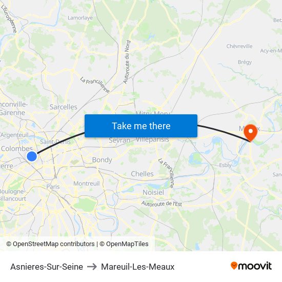 Asnieres-Sur-Seine to Mareuil-Les-Meaux map