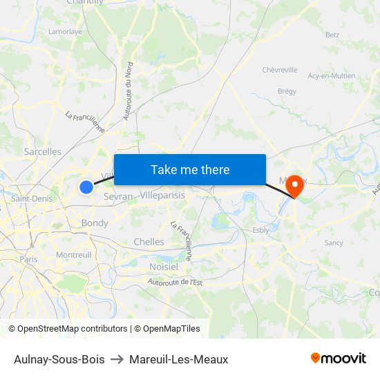Aulnay-Sous-Bois to Mareuil-Les-Meaux map