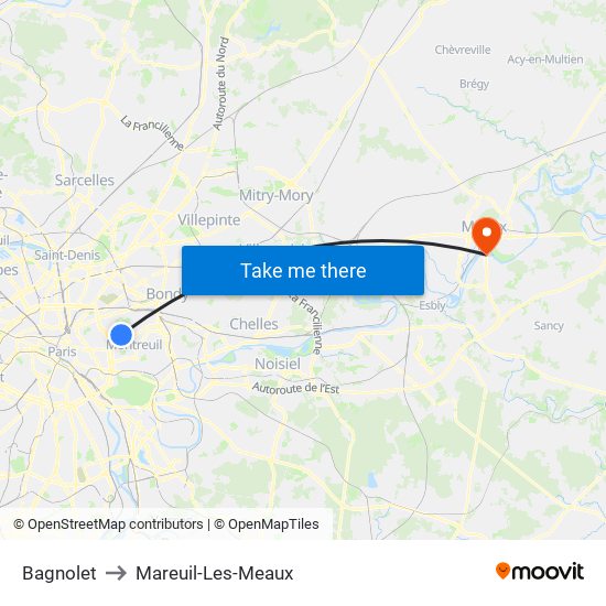 Bagnolet to Mareuil-Les-Meaux map