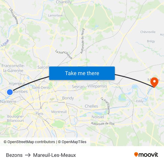 Bezons to Mareuil-Les-Meaux map