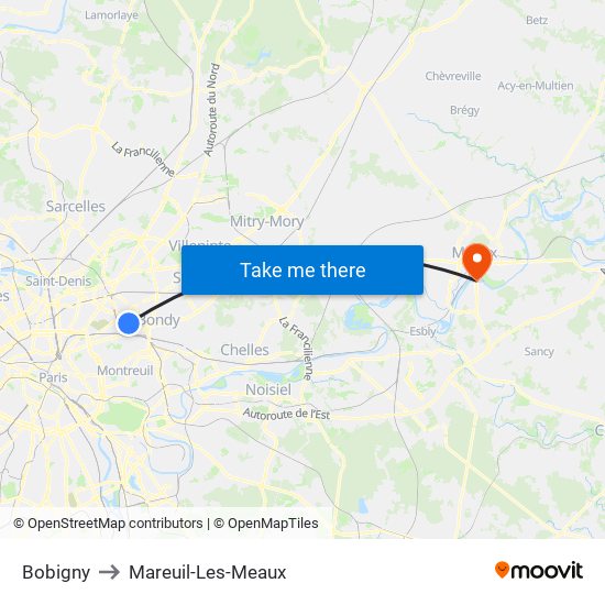 Bobigny to Mareuil-Les-Meaux map