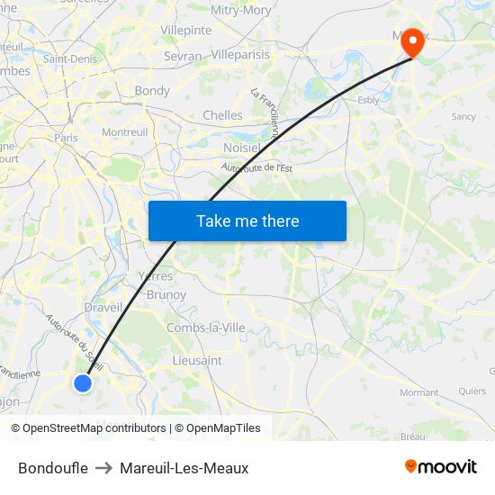 Bondoufle to Mareuil-Les-Meaux map