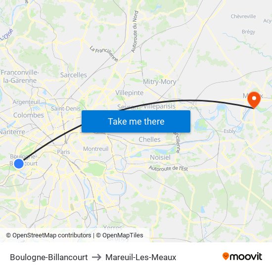 Boulogne-Billancourt to Mareuil-Les-Meaux map