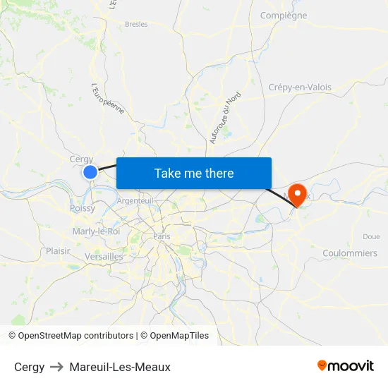 Cergy to Mareuil-Les-Meaux map