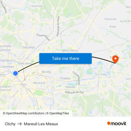 Clichy to Mareuil-Les-Meaux map