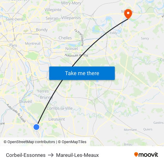 Corbeil-Essonnes to Mareuil-Les-Meaux map