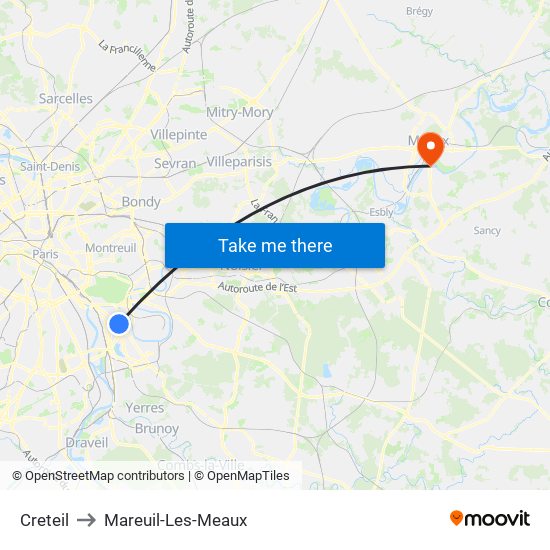 Creteil to Mareuil-Les-Meaux map
