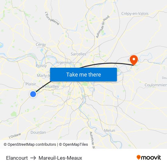 Elancourt to Mareuil-Les-Meaux map