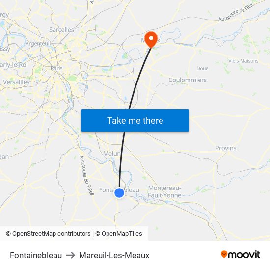 Fontainebleau to Mareuil-Les-Meaux map