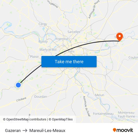 Gazeran to Mareuil-Les-Meaux map