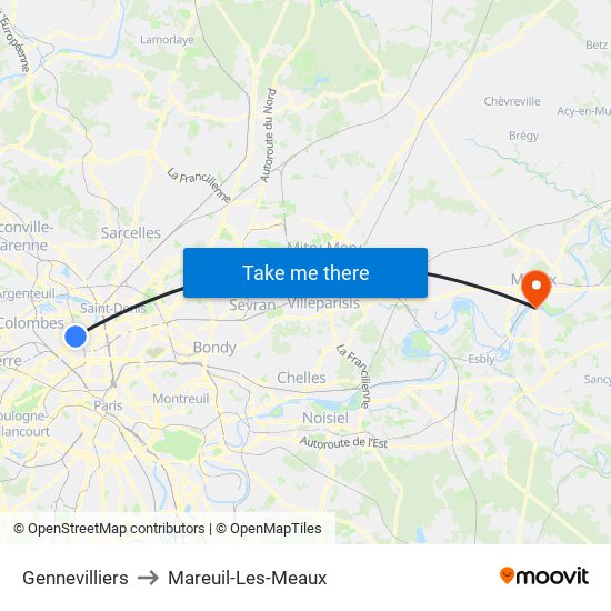 Gennevilliers to Mareuil-Les-Meaux map