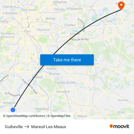 Guibeville to Mareuil-Les-Meaux map