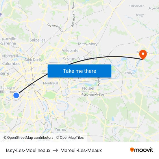 Issy-Les-Moulineaux to Mareuil-Les-Meaux map