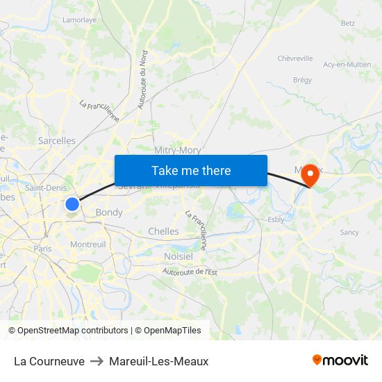 La Courneuve to Mareuil-Les-Meaux map