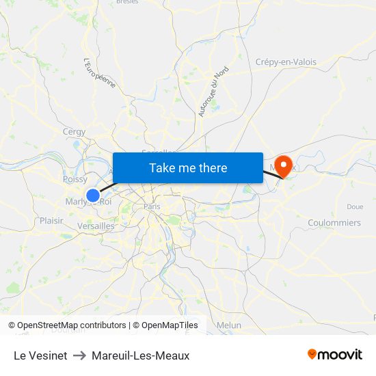 Le Vesinet to Mareuil-Les-Meaux map