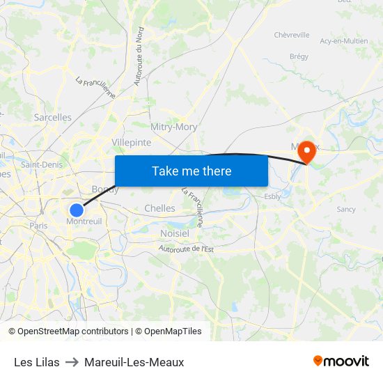 Les Lilas to Mareuil-Les-Meaux map