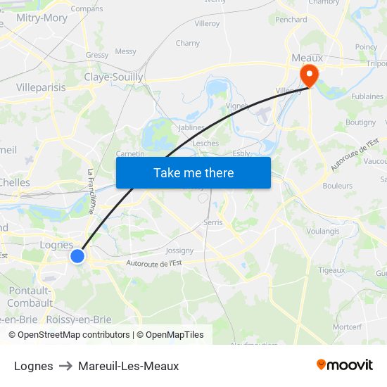 Lognes to Mareuil-Les-Meaux map