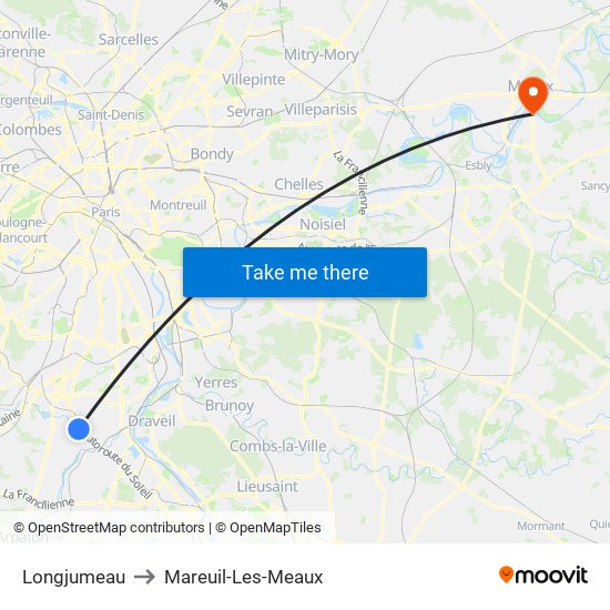 Longjumeau to Mareuil-Les-Meaux map