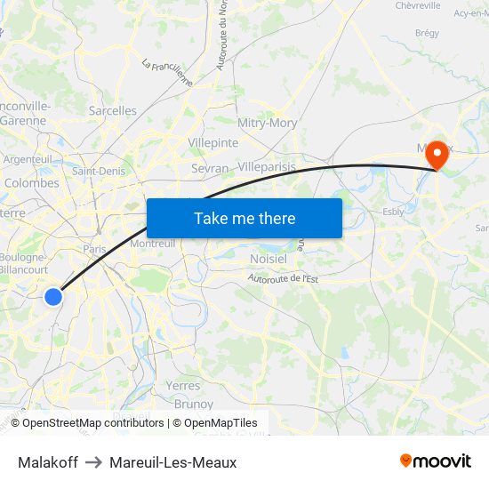 Malakoff to Mareuil-Les-Meaux map