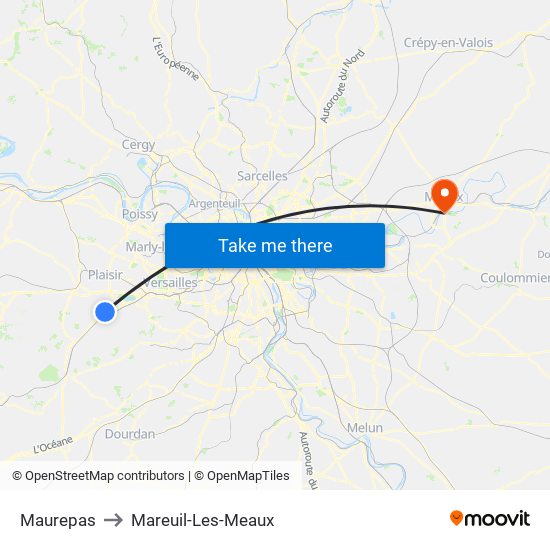 Maurepas to Mareuil-Les-Meaux map
