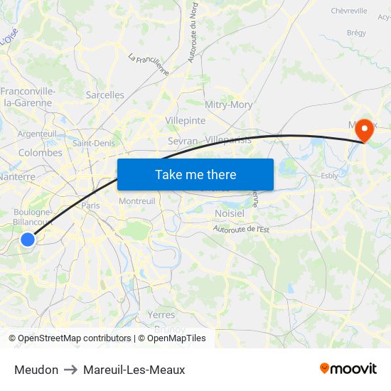 Meudon to Mareuil-Les-Meaux map