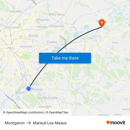 Montgeron to Mareuil-Les-Meaux map