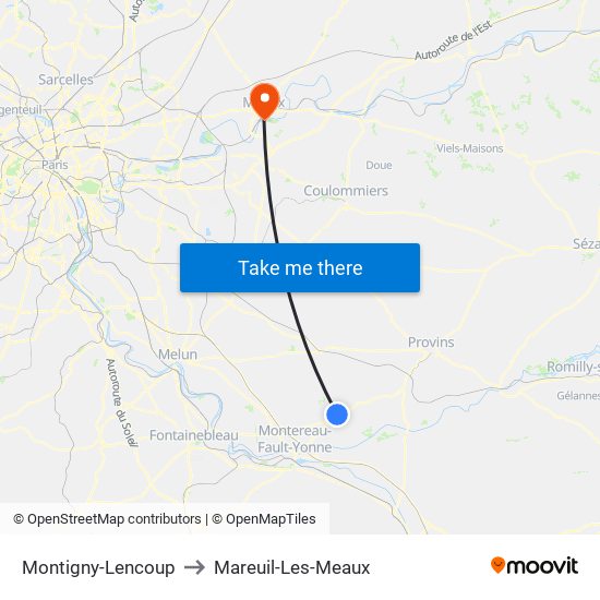 Montigny-Lencoup to Mareuil-Les-Meaux map