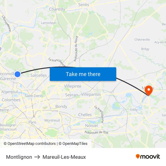Montlignon to Mareuil-Les-Meaux map