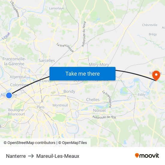 Nanterre to Mareuil-Les-Meaux map