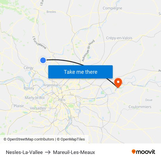 Nesles-La-Vallee to Mareuil-Les-Meaux map