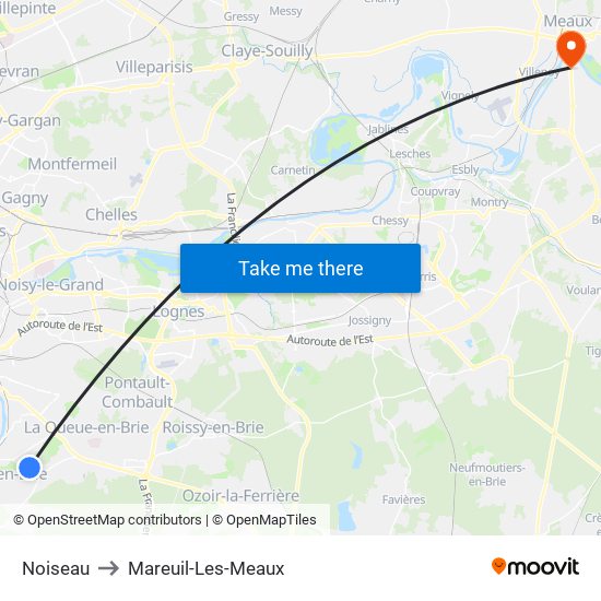 Noiseau to Mareuil-Les-Meaux map