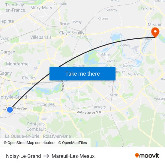 Noisy-Le-Grand to Mareuil-Les-Meaux map
