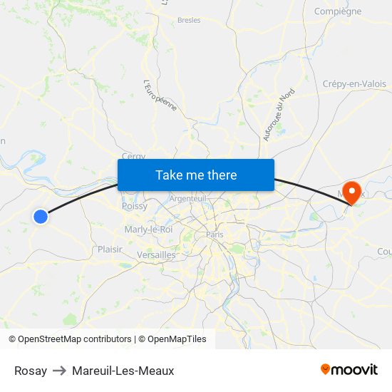 Rosay to Mareuil-Les-Meaux map