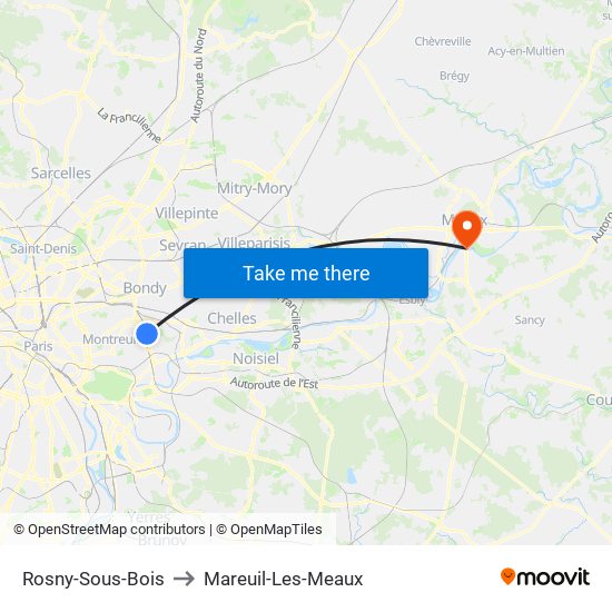 Rosny-Sous-Bois to Mareuil-Les-Meaux map