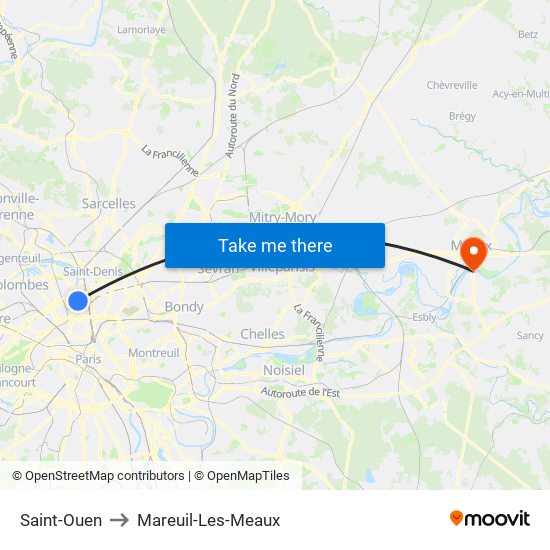 Saint-Ouen to Mareuil-Les-Meaux map