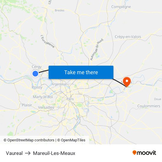 Vaureal to Mareuil-Les-Meaux map