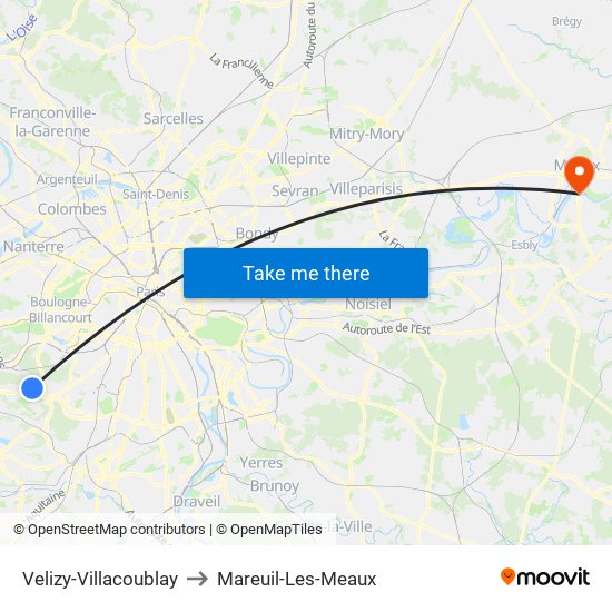Velizy-Villacoublay to Mareuil-Les-Meaux map
