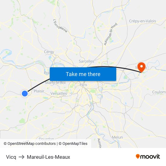 Vicq to Mareuil-Les-Meaux map