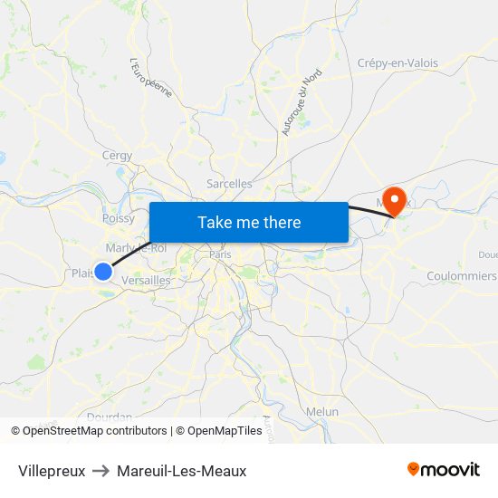 Villepreux to Mareuil-Les-Meaux map